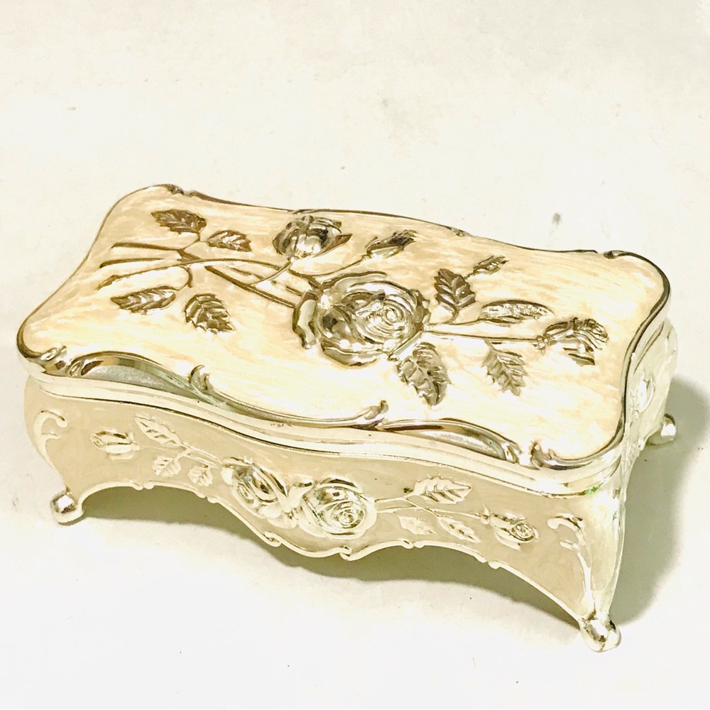 Rose Embossed Metal Trinket Box Pearlescent White Enameled Floral Jewelry Box